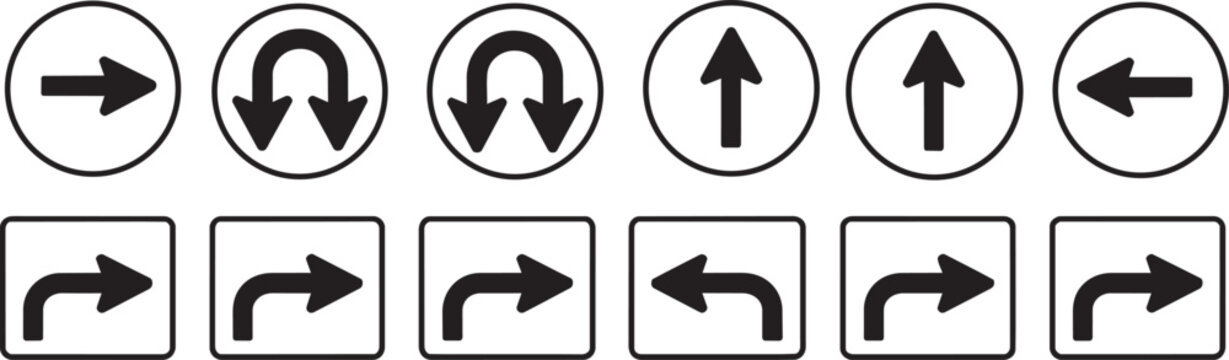 Collection of directional arrow icons featuring straight u turn return and curved pathway signs in circular and square frames in professional vector style for navigation systems.