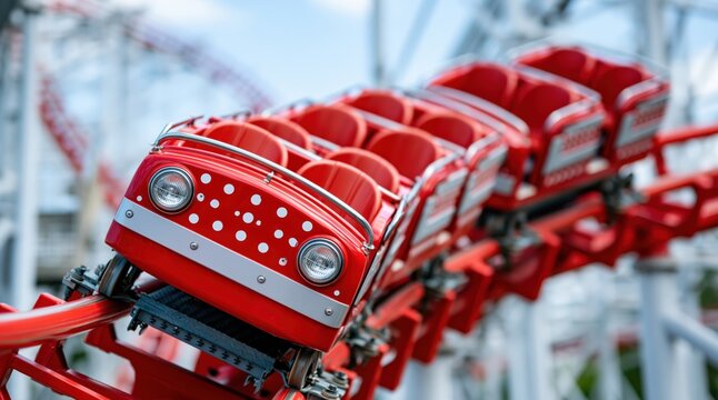 Red roller coaster train with headlights on tracks in amusement park