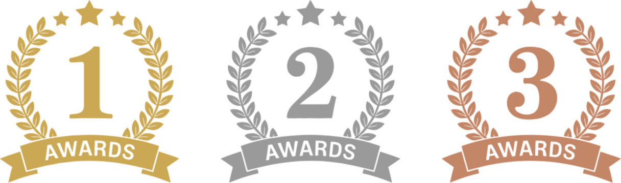 Award laurel wreath set, gold, silver, and bronze winner badges with first second and third place ribbons for achievement recognition, vector designs