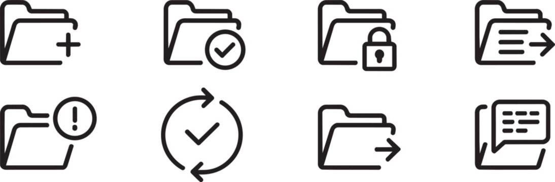 Folder icon set vector collection featuring various administrative actions including add check lock document export alert cycle move forward and message bubble styles for user interface design.