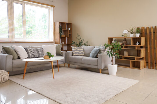 Interior of living room with grey sofas, shelf units and plants