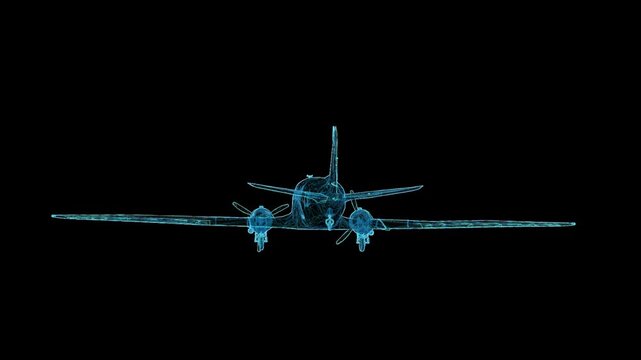 Detailed 3D HUD wireframe attack aircraft with 360-degree rotation, futuristic holographic blueprint for aviation and military visualization.
