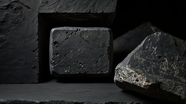 Dark volcanic rock and charcoal soap block textured podium composition for minimalist natural cosmetic product presentation and skincare branding design backdrop background