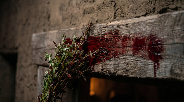 The first Passover in Egypt. An Israelite family painting the blood of a lamb on their wooden doorposts to be spared from the final plague