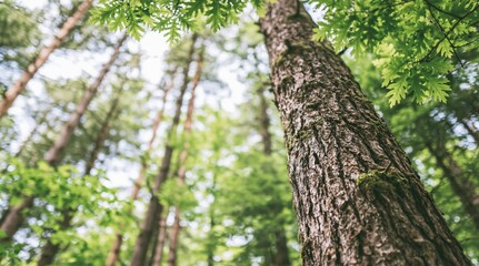 Obraz premium Low angle view of tree trunk in lush green forest