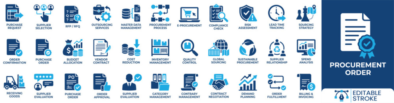 Procurement order icon set. Containing purchase request, supplier selection, purchase order, contract negotiation, inventory management and more. Solid vector icons collection