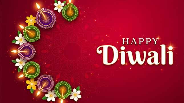 Happy Diwali greeting card with lit diya oil lamps, festive red background with floral decorations, traditional Hindu festival of lights celebration