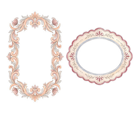 Two elegant decorative oval picture frames with ornate scrollwork design.