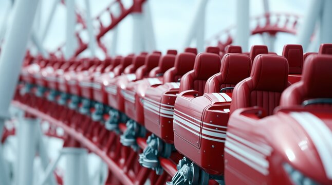 Red roller coaster train on steel track at amusement park