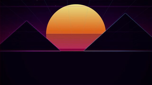 80s style synthwave animation of a sun setting over a digital landscape