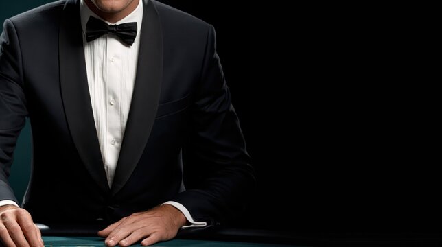 Man wearing formal black tuxedo sitting at gambling table
