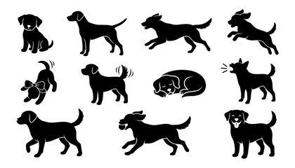 Obraz premium Dogs in Various Poses and Activities, Black Silhouettes Featuring Dog, Silhouette, Pet with Animal and Running Elements
