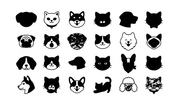 Create a clean flat vector illustration featuring 24 unique dog and cat icons arranged in a balanced 6&times;4 grid on a solid white background. Include a mix of front-facing animal heads, side-profile face