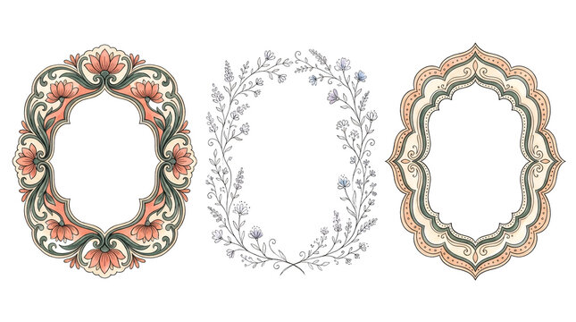 Vintage floral frames set hand drawn style on white backdrop.