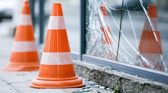 Orange traffic cones standing near shattered glass window on city street