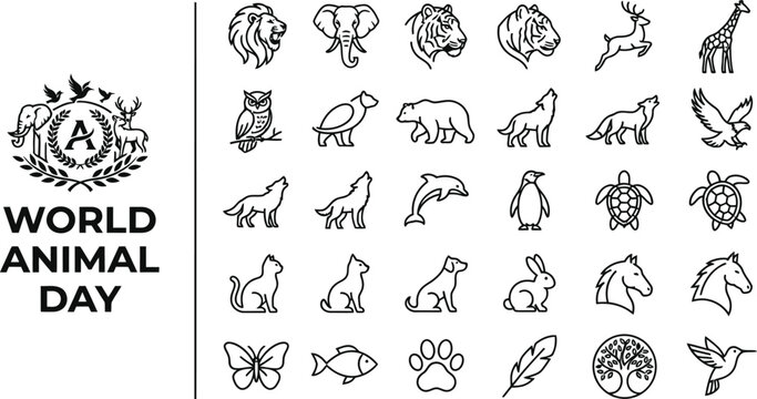 world animal day icon set with logo mascot and collection of linear animal symbols for design