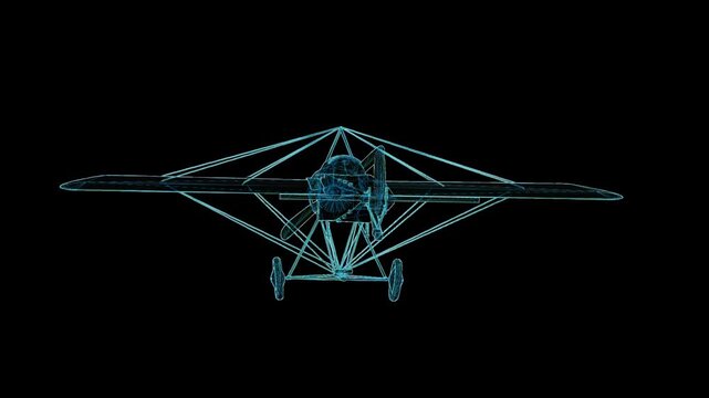 Detailed 3D HUD wireframe attack aircraft with 360-degree rotation, futuristic holographic blueprint for aviation and military visualization.