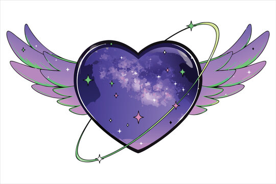 Dark Purple Galaxy Heart with Wings and Orbit Ring