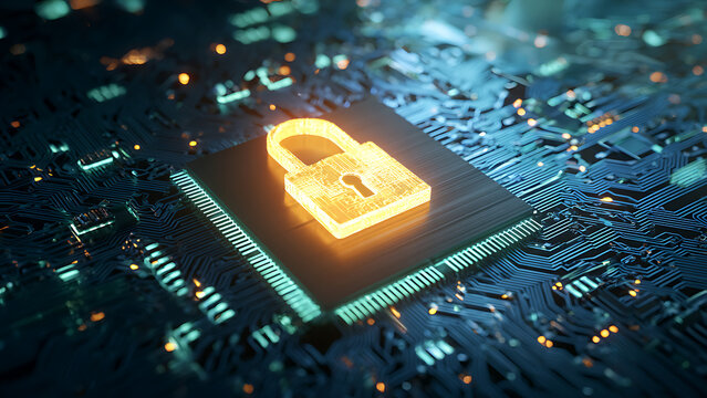 Digital Security Concept - Glowing Padlock on Microchip Circuit Board.