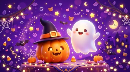 Obraz premium Cute halloween pumpkin and ghost illustration
