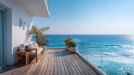 Fototapeta premium Coastal balcony overlooking the horizon and blue water at sunrise