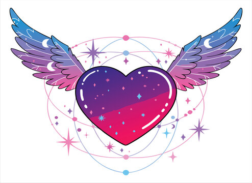 Gradient Purple Pink Heart with Wings and Diamond Frame