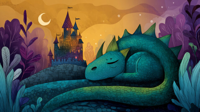Sleeping dragon curled around a castle in a whimsical cartoon style . Cute, cartoon image of good night for toddler boys and girls, phone wallpaper, for advertising