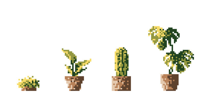 Retro 8-bit pixel art vector illustration featuring a set of four potted houseplants arranged horizontally. For game design, office wall&nbsp;decor, eco-friendly brands and plant shop