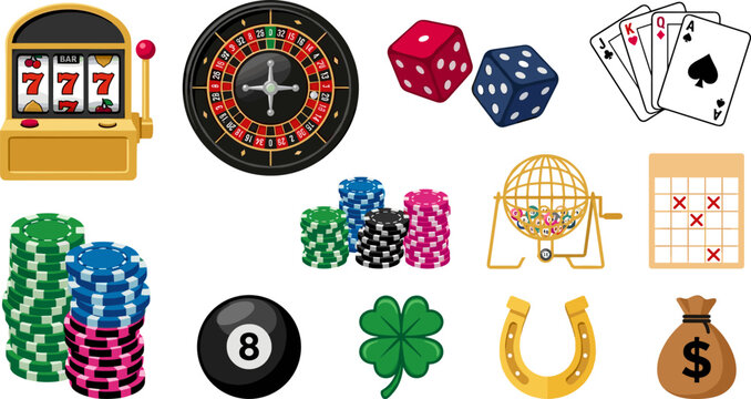 Casino Gambling and Betting Vector Asset Collection Featuring Slot Machine, Roulette Wheel, Playing Cards, Poker Chips, Dice, Bingo Cage, and Lucky Symbols