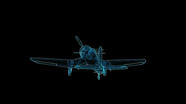 Detailed 3D HUD wireframe attack aircraft with 360-degree rotation, futuristic holographic blueprint for aviation and military visualization.
