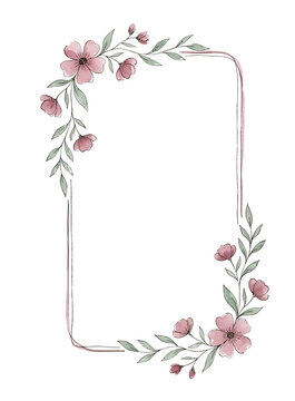 Watercolor floral border with pink flowers and foliage frame.