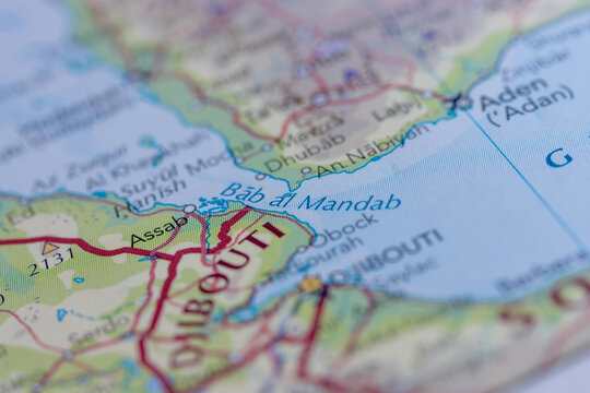 Bab al Mandab Strait on a map, strategic maritime trade route between the Red Sea and Gulf of Aden.