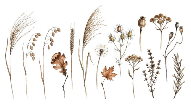 Watercolor dry wildflowers and leaves on transparent background.