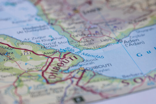 Bab al Mandab Strait on a map, strategic maritime trade route between the Red Sea and Gulf of Aden.