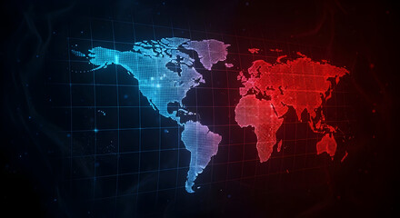 Obraz premium Abstract Digital World Map Representation Highlighting Geopolitical Boundaries in Blue and Red with Data Flow Elements Visualized in a Futuristic Style