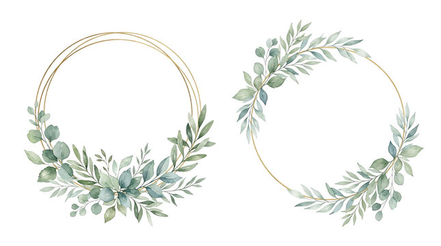 Watercolor floral frames with green leaves and branches on transparent background.