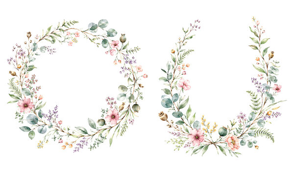 Watercolor floral wreath collection with elegant spring flowers.