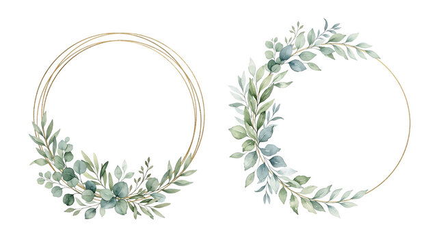 Watercolor floral wreath with green leaves and branches on transparent background.