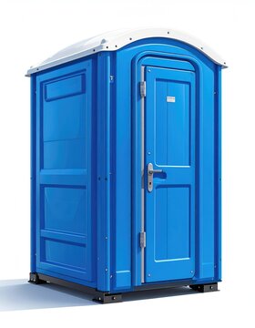 Bright blue portable outdoor restroom unit with white roof and gray base