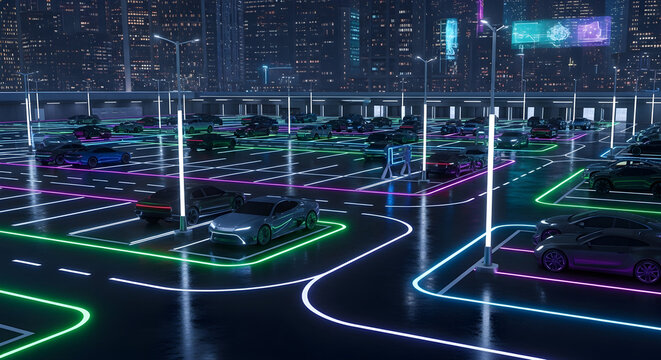 Illuminated Parking Lot with Neon Lights and Reflections During Rainy Night in a Modern Urban Landscape