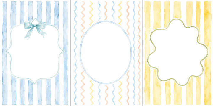 Watercolor frames with colorful stripes wavy patterns backgrounds.