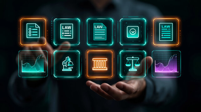 Businessman Presenting Digital Law And Justice Minimalist Icons Interface