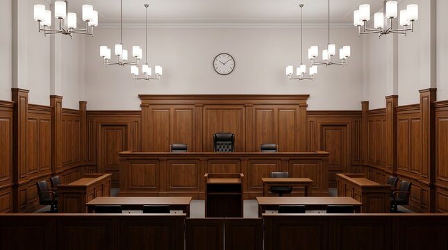 Traditional Historic Courthouse Interior Chamber with Wooden Paneling and Desks