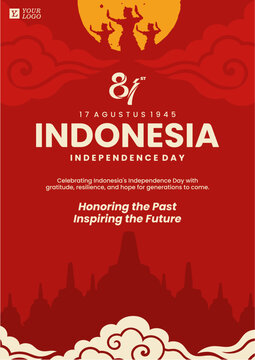 Indonesia Independence Day Poster with Traditional Indonesian Ornament, Cultural Dance, Landmark, 17 August 1945 National Celebration