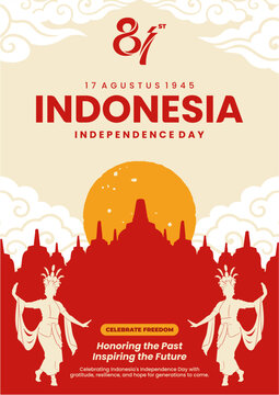 Indonesia Independence Day Poster with Traditional Indonesian Ornament, Cultural Dance, Landmark, 17 August 1945 National Celebration