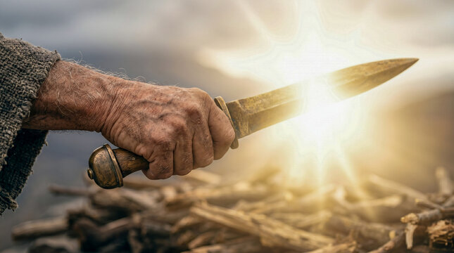Abraham preparing to sacrifice his son Isaac on a stone altar on Mount Moriah before an angel intervenes