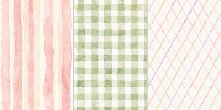 Watercolor textures stripes plaid rhombus simple patterns.