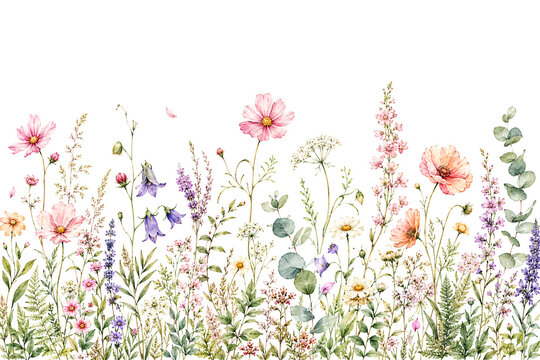 Wild flower border with leaves, design wedding invitation element.