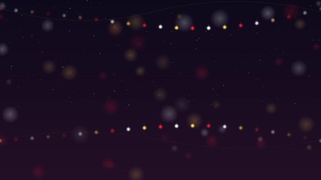 Abstract background with festive string lights and soft glowing bokeh particles on dark purple.