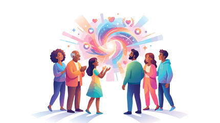 Fototapeta premium Diverse group of people standing around a glowing colorful abstract energy vortex.